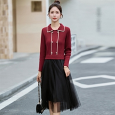 《新品》多色可选假两件针织网纱连衣裙，女装连衣裙，魅丽静蓝