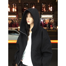 抖音得物高品质26春装美式高街重磅宽松结构高领连帽卫衣外套W60，女装短外套，电商A486-1