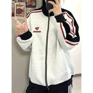 美式学院风撞色三条杠立领卫衣外套女秋冬季宽松开衫夹克 W877图片