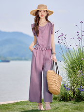 现货。薄料亚麻料阔腿裤两件套女夏时尚气质无袖上衣九分裤套装，女装套装/套裙，E百度