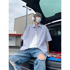 夏季条纹短袖衬衫男潮牌宽松休闲翻领衬衣外套DC2237-特价P26，男装T恤，电商A007