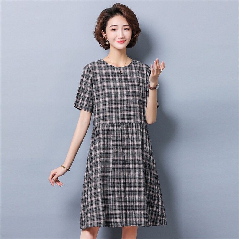 格子2021年夏季A字裙简约连衣裙短袖圆领宽松腰套头,女装连衣裙,独衣靓
