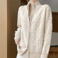 秋冬新款菱格毛巾绣开衫时尚百搭慵懒风，女装针织衫/毛衣，优麦羊绒（原洪叶羊绒）