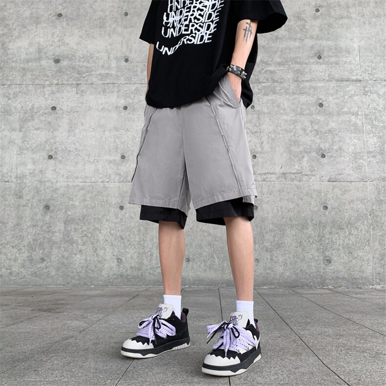 B221美式ins高街暗黑小众假两件休闲短裤五分裤LK23062-P55控78,男装休闲裤,电商B221