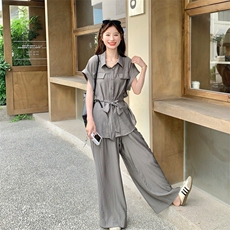 灰色衬衫套装女时尚高级感宽松阔腿裤两件套223-1376P145K218，女装套装/套裙，莘蕾