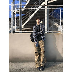 高质荃棉复古男咖蓝撞色格纹格子廓形宽松衬衫C3023，男装衬衫，星座1116A（原606A-3）