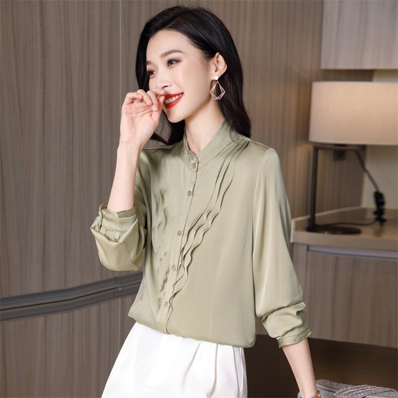 红色重磅真丝衬衫女2026春装新款立领荷叶边气质女人味真丝上衣，女装衬衫，阿舍尔精品