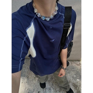 新款韩系简约风圆领撞色拼接短袖T恤美式复古男女休闲体恤衫 T55图片