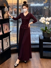 韩版时尚气质套装裙女春季新款褶皱收腰V领长袖上衣半身裙两件套，女装套装/套裙，江南