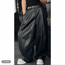 抖音原版面料秋冬潮男阔腿弯刀皮裤宽松长裤K1008-P83(网图），男装皮裤，电商B267