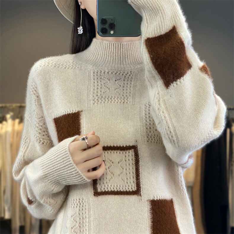 2024秋冬季新款半高领拼色几何图形宽松外穿女短款羊毛衫图片