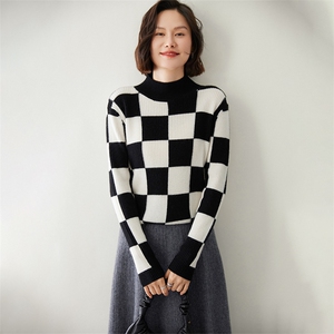 时尚拼色方格半高领女士羊绒衫 修身显瘦保暖毛衣图片