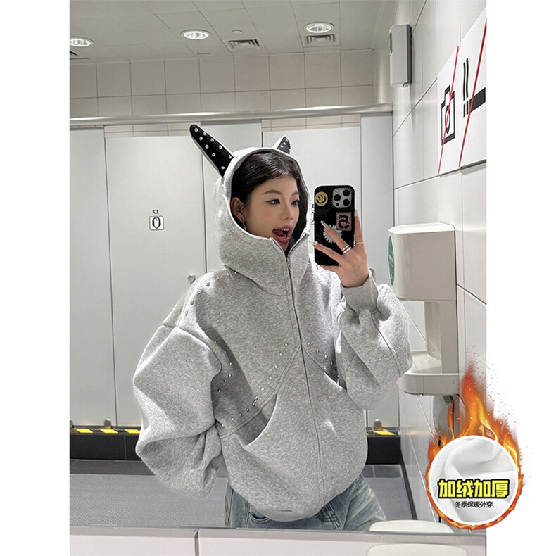 480G重磅加绒硬挺boxy男女美式高街卫衣铆钉杜宾犬耳朵开衫厚外套,女装短外套,电商A486-1