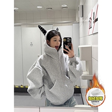 480G重磅加绒硬挺boxy男女美式高街卫衣铆钉杜宾犬耳朵开衫厚外套，女装短外套，电商A486-1