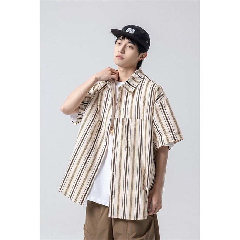 南夏乔装2025夏款拼色条纹翻领衬衫日系潮流cityboy宽松开衫半袖，男装T恤，电商S006（B521）