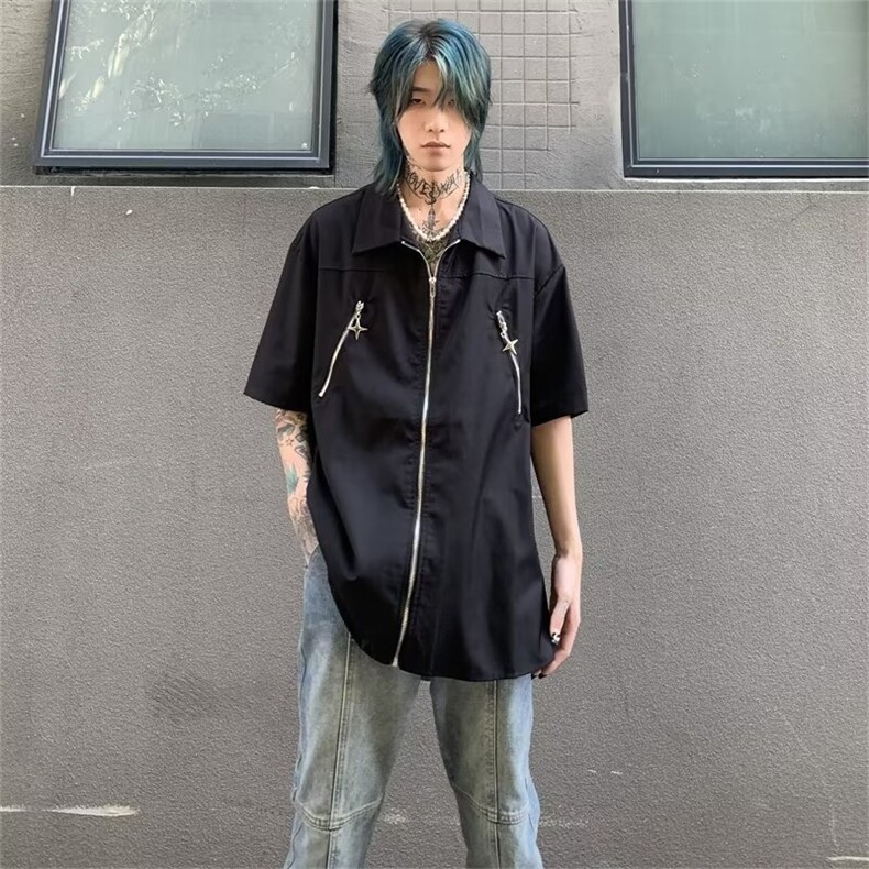 美式复古设计感小众短袖衬衫男女夏季新款衬衣休闲上衣ZC11-p33图片