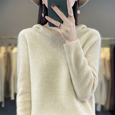 v领新款针织女长袖纯色简约百搭宽松套头连帽，女装针织衫/毛衣，戎洋