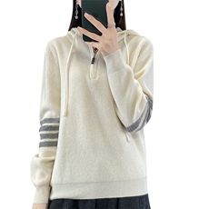 时尚百搭红色半拉链帽衫羊毛针织衫女装秋冬新款，女装羊毛衫，狄美羊绒