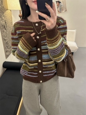 2025年冬季绵羊毛条纹长袖开衫，女装羊毛衫，臻纶羊绒