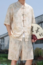 2025夏季新款男装风冰丝印花盘扣唐装套装短袖+短裤A109-P80，男装休闲套装，电商B277(原6028)