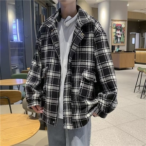 小香风外套男秋冬加厚oversize夹克高街格子毛呢大衣  W6727-P70图片