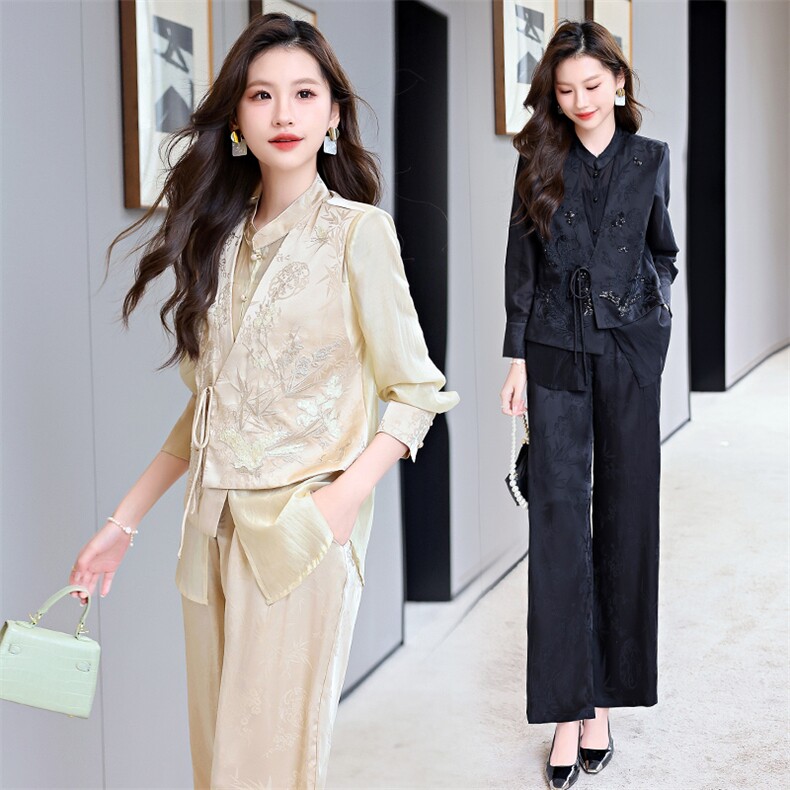 BAO2024夏装时尚套装绣花钉珠气质优雅通勤防晒新中式重工套裤,女装套装/套裙,火爆靓佳人