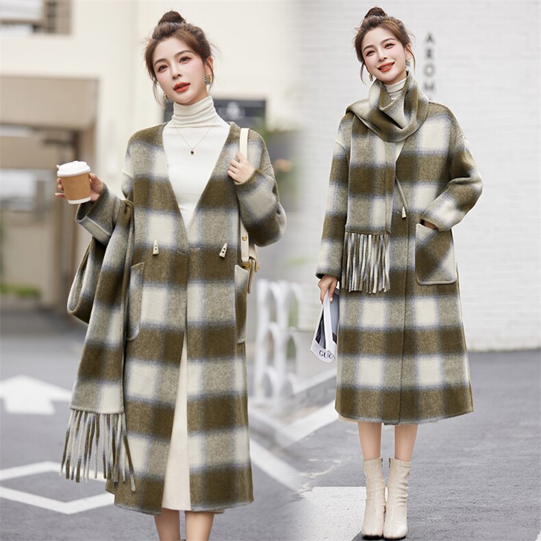现货手工缝制双面羊毛大衣冬装新款女装时尚韩版休闲外套送围巾,女装双面呢大衣,辉煌依升