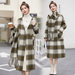 现货手工缝制双面羊毛大衣冬装新款女装时尚韩版休闲外套送围巾图片