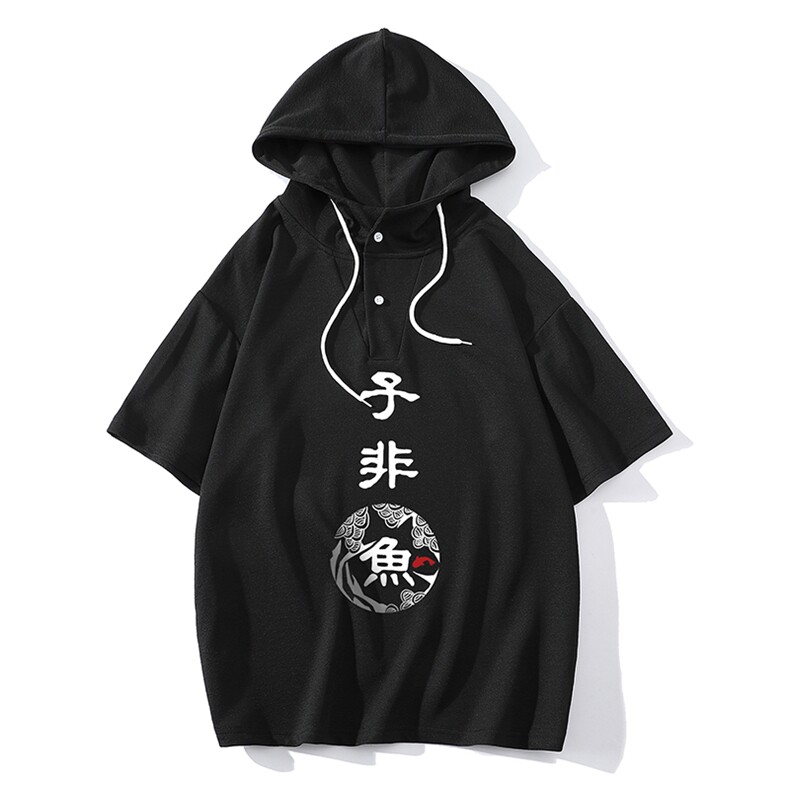 LD54070-P45连帽短袖t恤男大码胖子带帽五分袖中袖海报风,男装T恤,电商A040