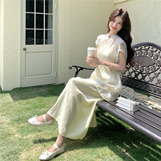 2025夏季女新时尚减龄温柔风短袖盘扣罩衫上衣吊带连衣裙俩件套装，女装套装/套裙，2D078