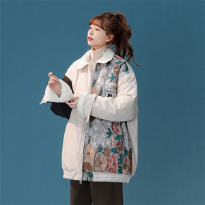 1中性风刺绣拼接翻领羊羔毛棉衣女棉服女外套女8723P110控148图片