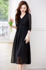 法式高级感杭州重磅白色真丝中袖五分袖连衣裙女夏，女装连衣裙，阿舍尔精品