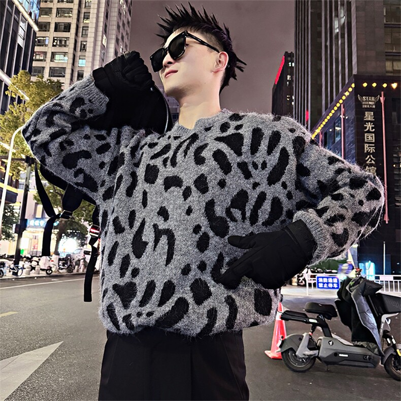 LV313/P98控138冬季高级感慵懒风豹纹针织衫毛衣百搭宽松打底衫首，男装T恤，星座305B