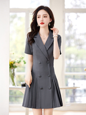 2024年夏季新款女时尚气质西装领双排扣百褶白领连衣裙职业工作裙，女装连衣裙，贝蕾酷儿