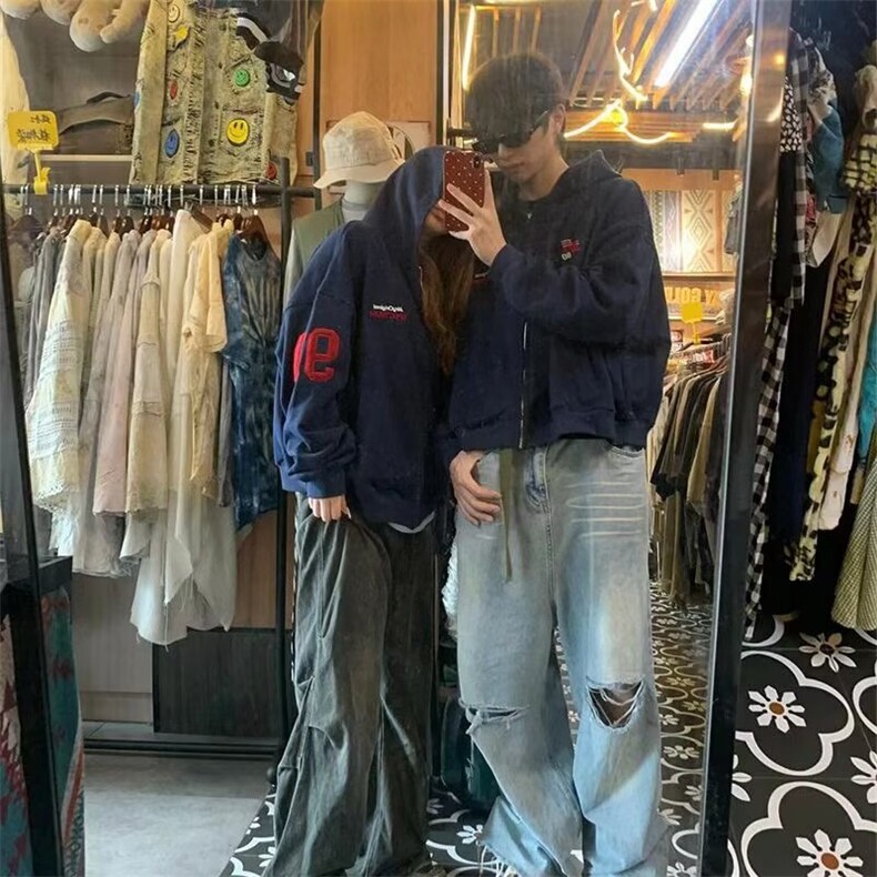 美式复古运动刺绣vibe连帽卫衣外套男春秋季宽松休闲简约帽衫,女装短外套,四季星座505