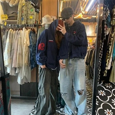 美式复古运动刺绣vibe连帽卫衣外套男春秋季宽松休闲简约帽衫，女装短外套，四季星座505