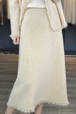 羊毛2024秋冬新款复古女装流苏长裙高腰纯色毛边针织半身裙，女装半身裙，江南羊绒