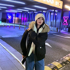 现货重磅boxy短款棉衣座山雕大毛毛领男女棉服水洗工装厚外套，男装棉衣，电商A486-1