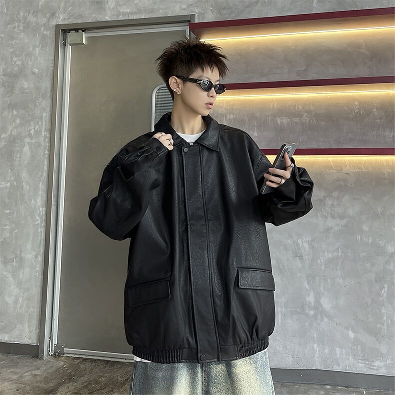 美式复古PU皮衣秋季潮牌翻领机车服痞帅工装皮衣,男装皮衣,星座410-7