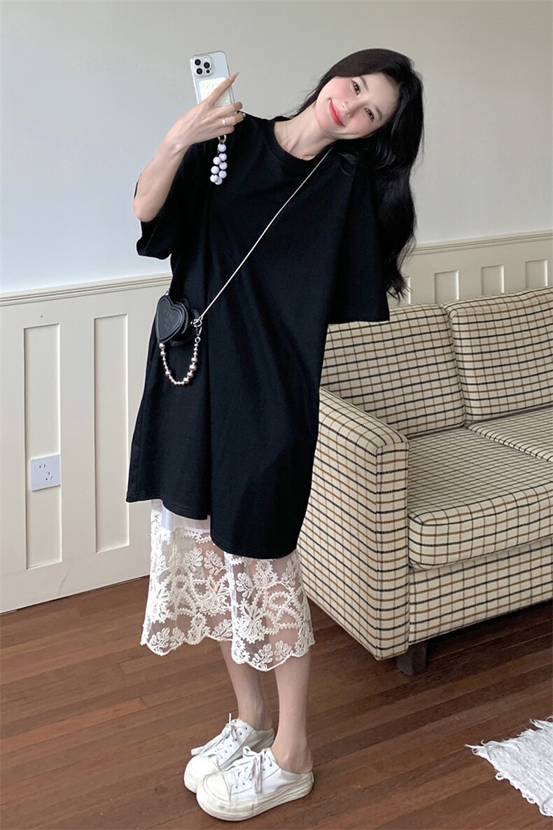 轻奢高级感重工艺蕾丝刺绣连衣裙夏新款休闲宽松黑色t恤裙,女装套装/套裙,新风尚