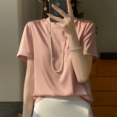纯色圆领2024年夏季简约短袖套头气质衬衫，女装衬衫，绒宛羊绒