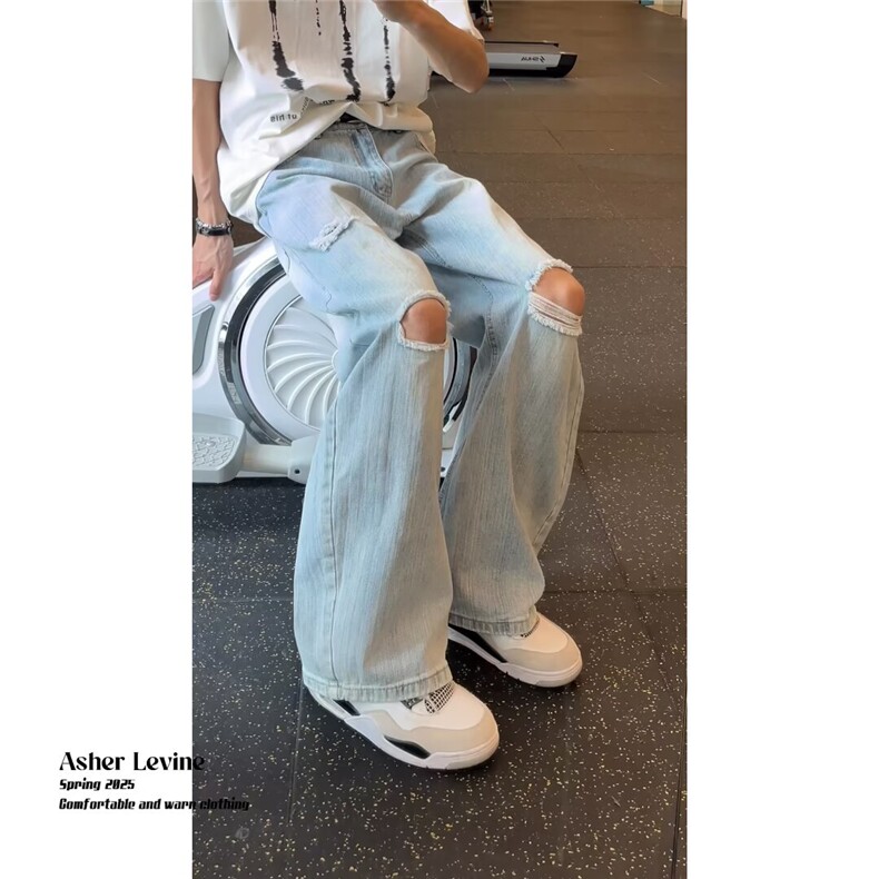美式休闲痞帅复古浅蓝色破洞牛仔裤男直筒宽松潮牌锥形裤子,男装牛仔裤,星座410-6（原星座1304-1）