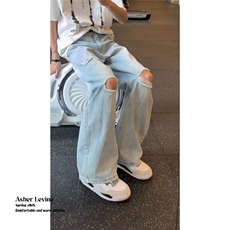 美式休闲痞帅复古浅蓝色破洞牛仔裤男直筒宽松潮牌锥形裤子，男装牛仔裤，星座410-6（原星座1304-1）