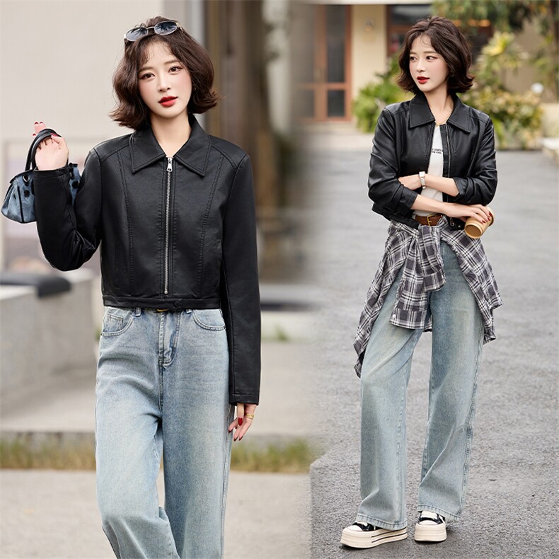 主推引流外套女2025春秋设计感休闲小个子显瘦显高夹克机车服上衣,女装皮衣,跑量工厂店