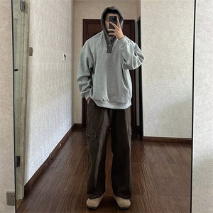 日系复古慵懒风V领连帽卫衣男秋冬季廓形宽松高级感休闲帽衫外套图片