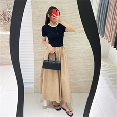 拼色圆领短袖拼接纯棉半身裙，女装连衣裙，优麦羊绒（原洪叶羊绒）