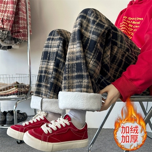加绒加厚冬男裤毛呢条纹格子直筒长裤h923P45加绒P50
