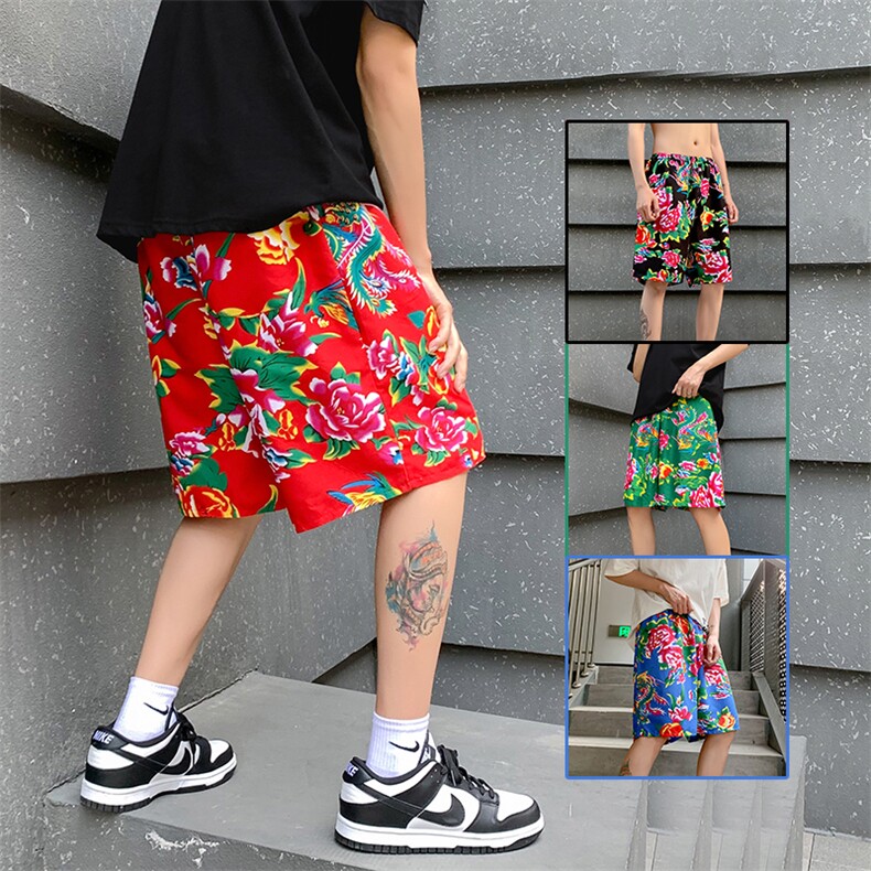 东北大花裤衩子男夏季薄款沙滩裤2022网红爆款五六分情侣短裤休闲，男装休闲裤，星座115A(原星座507）