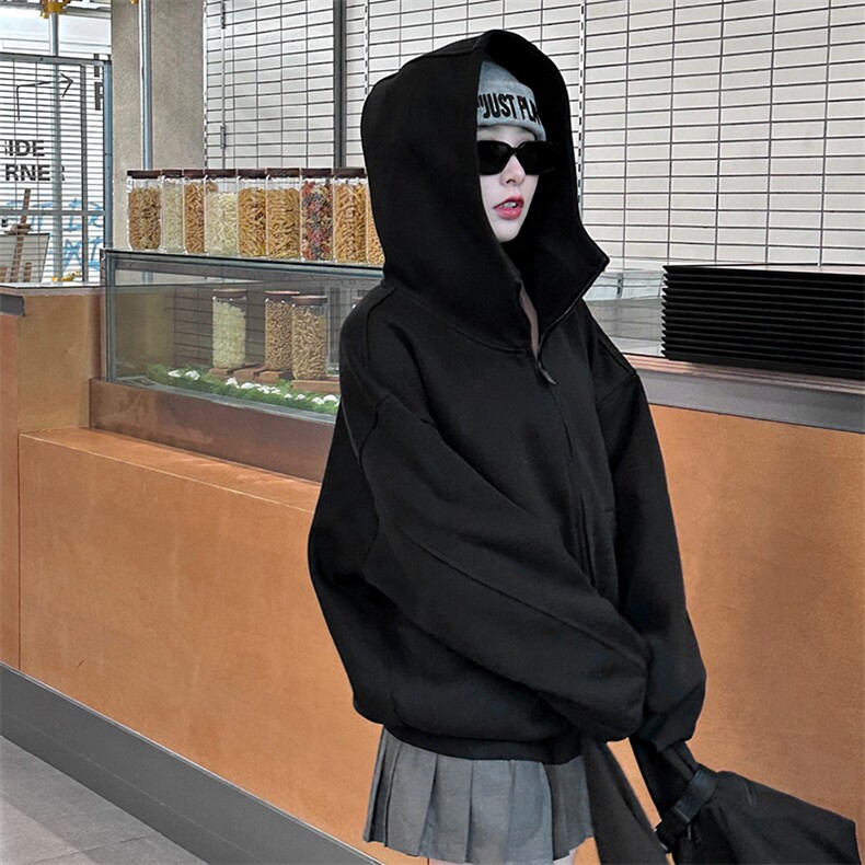 抖音得物高品质26春装美式高街重磅宽松结构高领连帽卫衣外套W60,女装短外套,电商A486