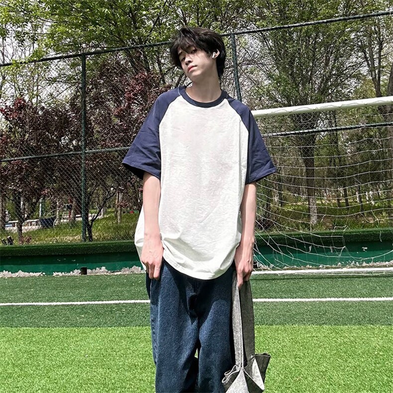 抖音得物高品质二开240克宽松纯棉美式潮牌插肩袖拼接短袖T恤,男装T恤,电商A486